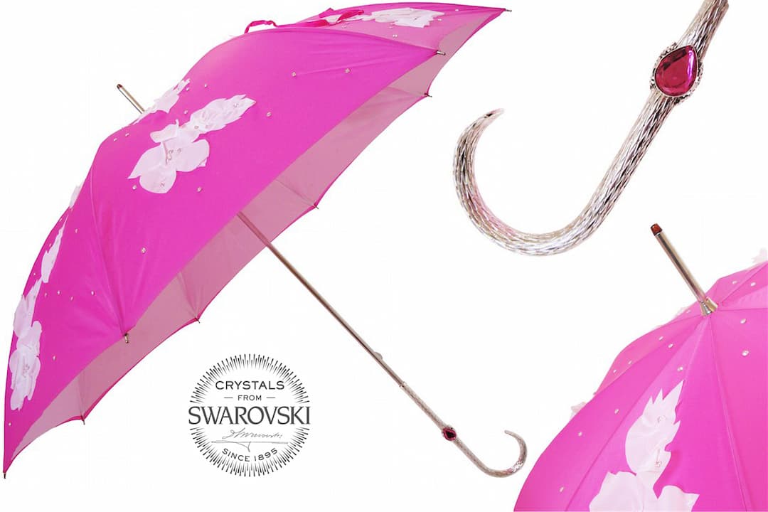 Pasotti Fuchsia Flowered Umbrella with Swarovski® Crystals, Double Cloth