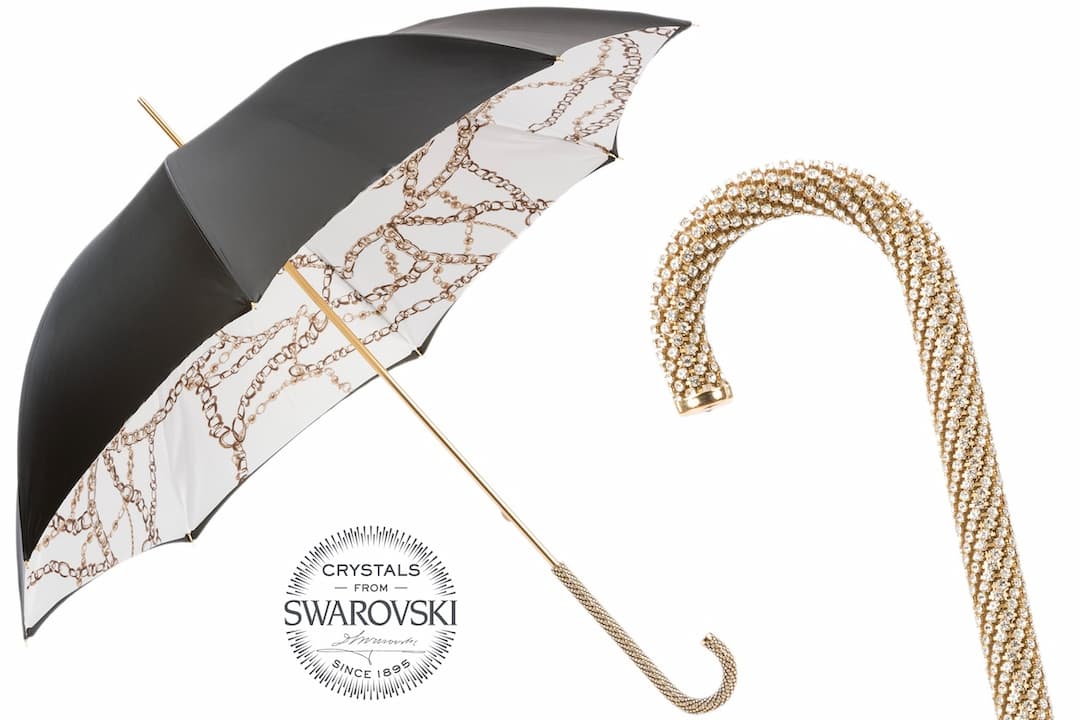 Pasotti - Luxury Black Umbrella with Chains and Printed Interior