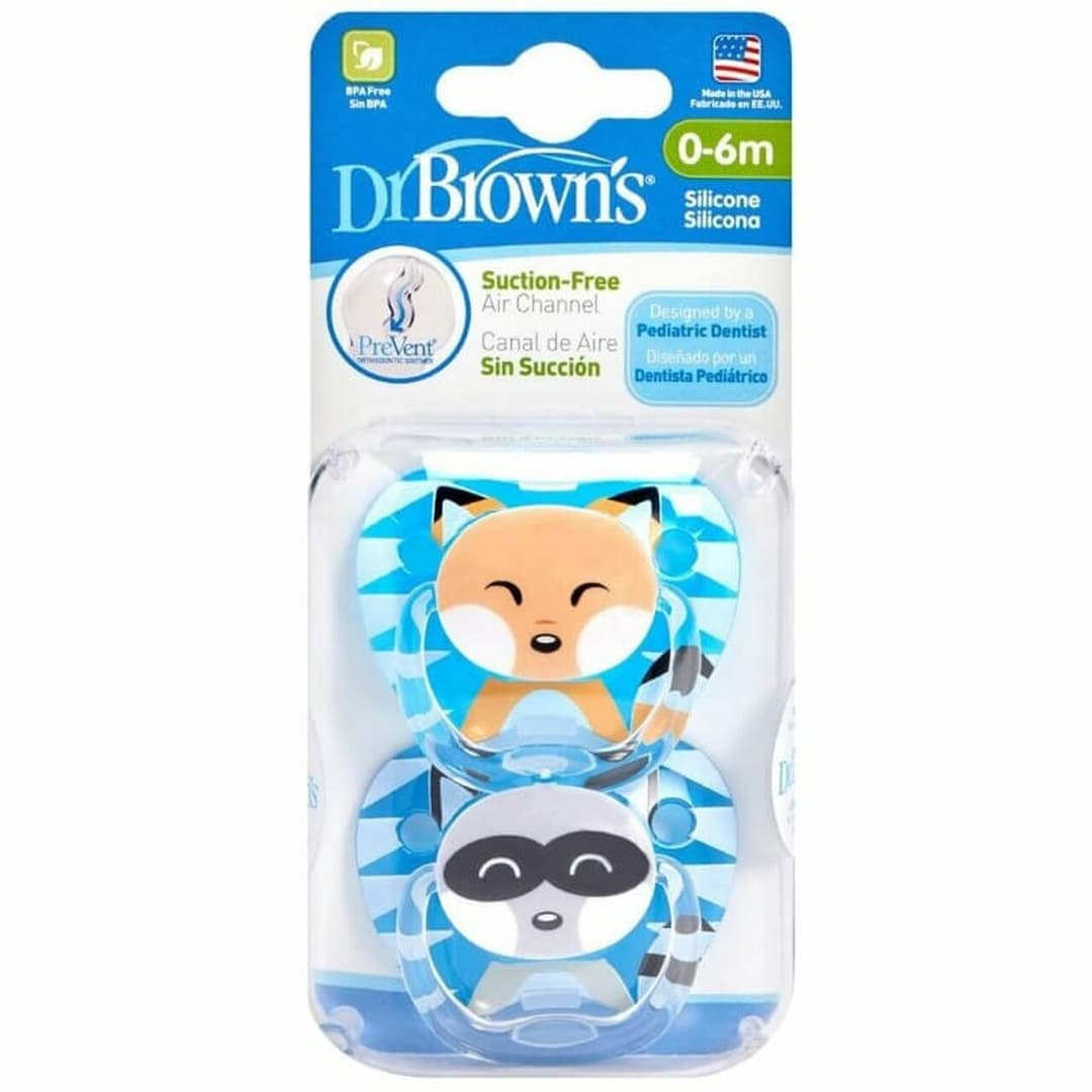 Dr Brown's - Prevent Suction-Free Animal Soothers 0-6m (Fox & Raccoon 2 Pack)