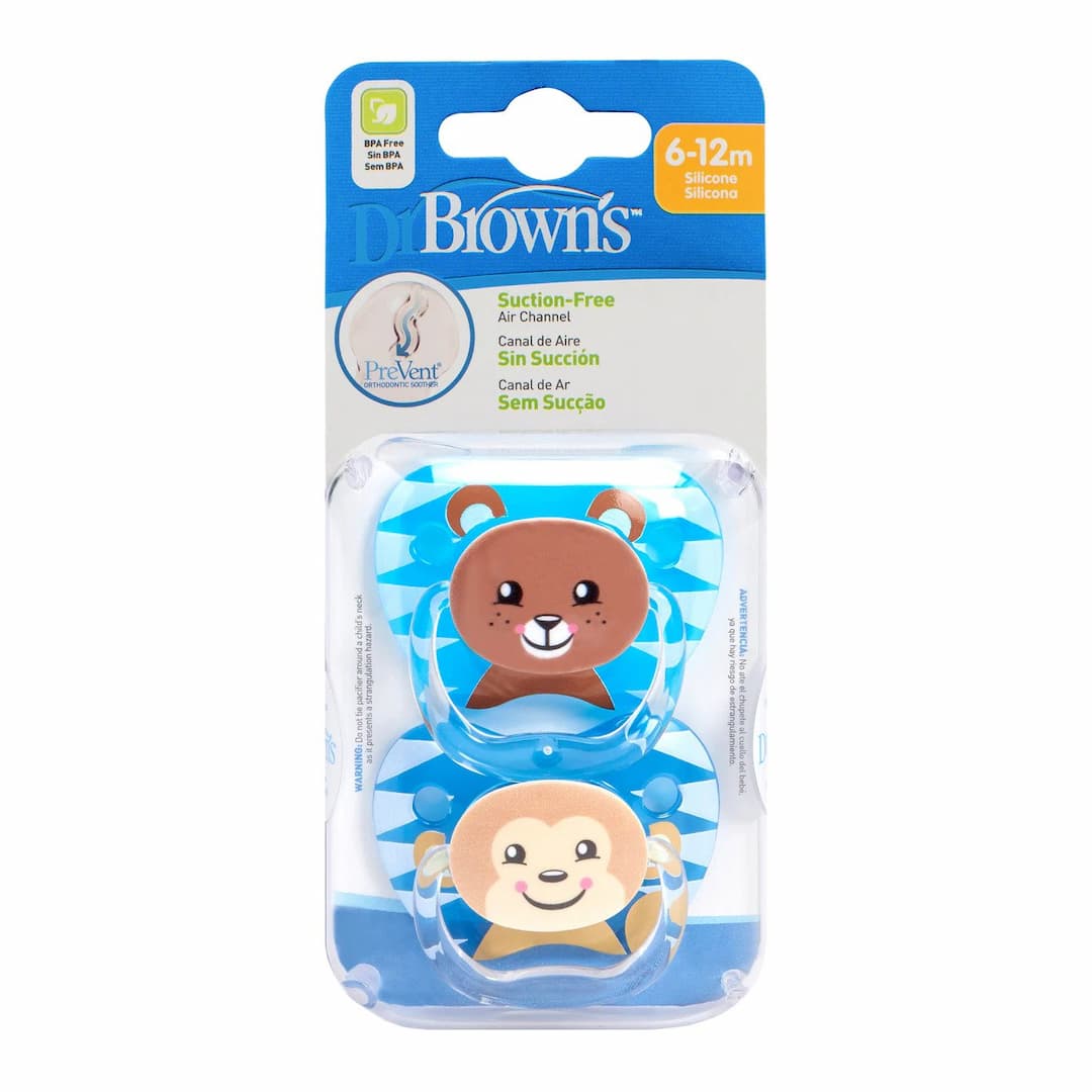 Dr Brown's - Prevent Suction-Free Animal Soothers 6-12m (Blue 2 Pack)