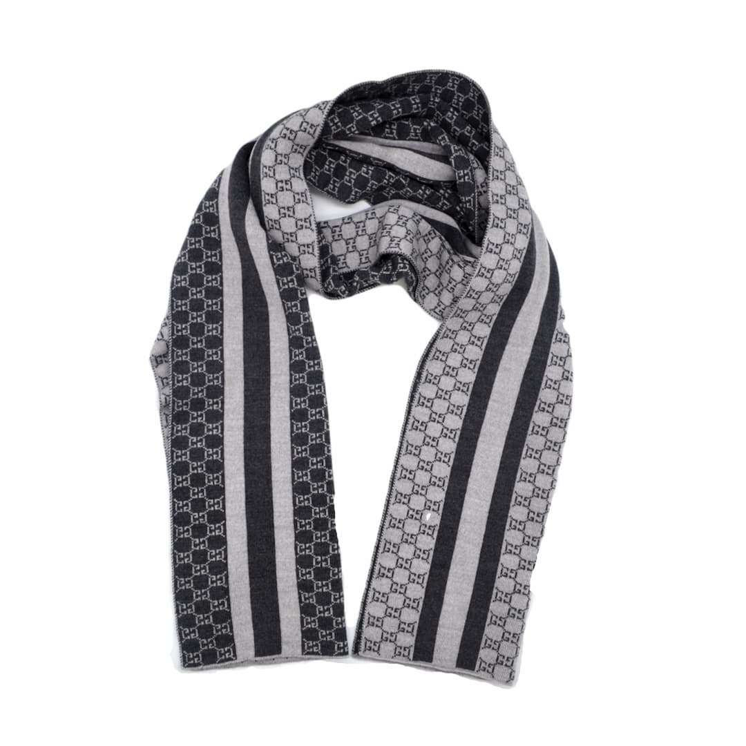 Gucci - Grey/Black GG Monogram Web Stripe Wool Scarf