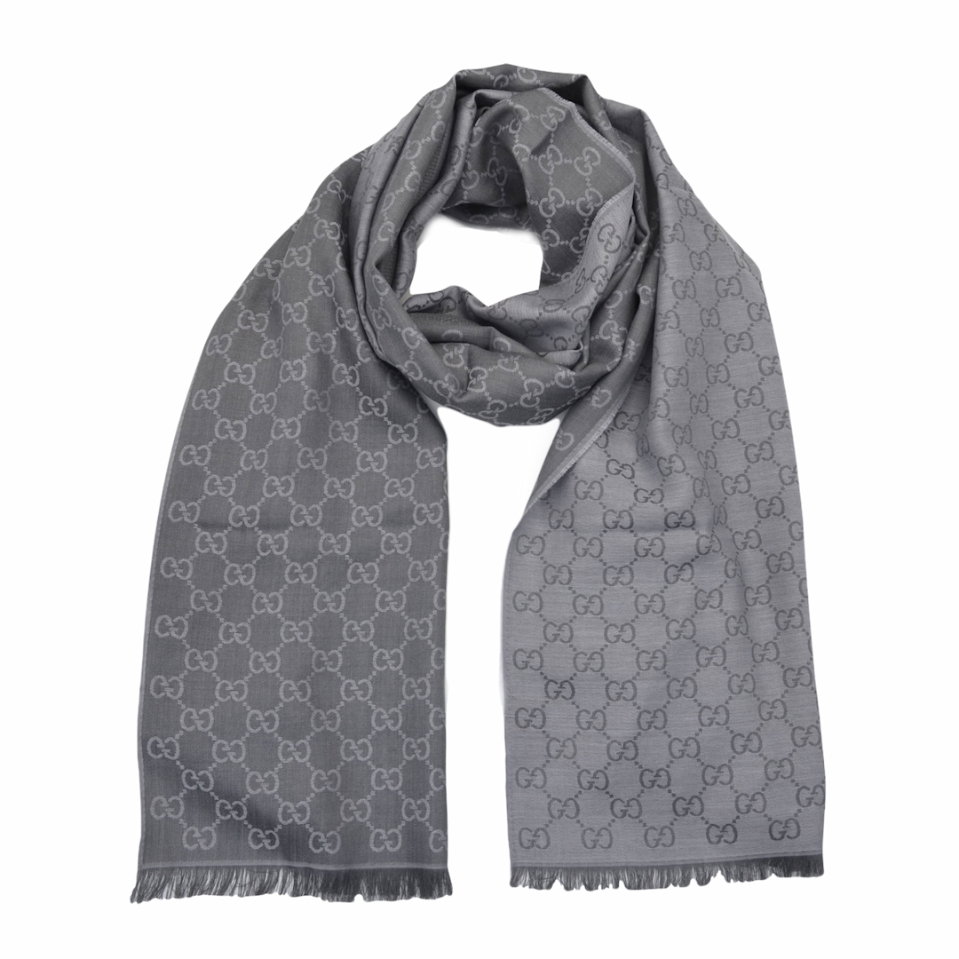 Gucci - Light Grey GG Monogram Webbing Reversible Wool and Silk Blend Scarf 